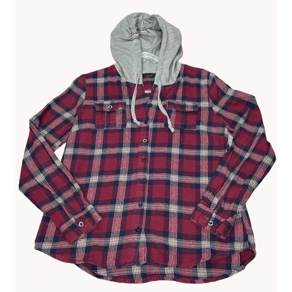 Paper Tee Buffalo Plaid Hoodie Shacket Womens Red Large Medium Weight Long Sleev - Picture 1 of 11